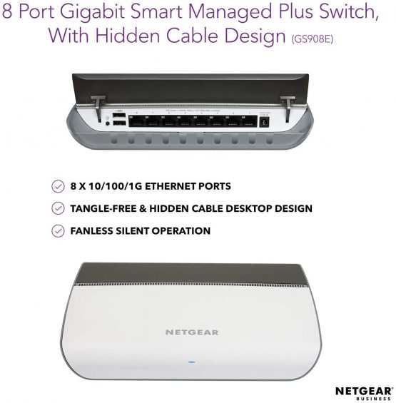 NETGEAR 8-Port Gigabit Ethernet Smart Managed Plus Switch (GS908E) - Desktop Housing with Integrated Cable Management, 2 x USB Charging Ports, and Fanless Design for Quiet Operation - Image 2