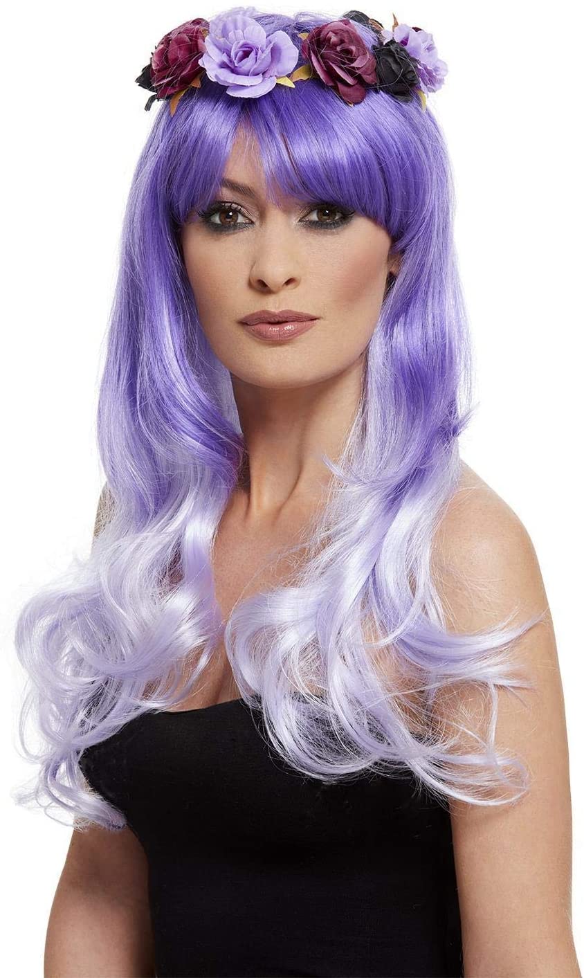 Smiffys Deluxe Day of the Dead Glam Wig, Purple with Flowers, Mexican Day of The Dead/Sugar Fancy Dress, Halloween Dress Up Wigs - Image 2