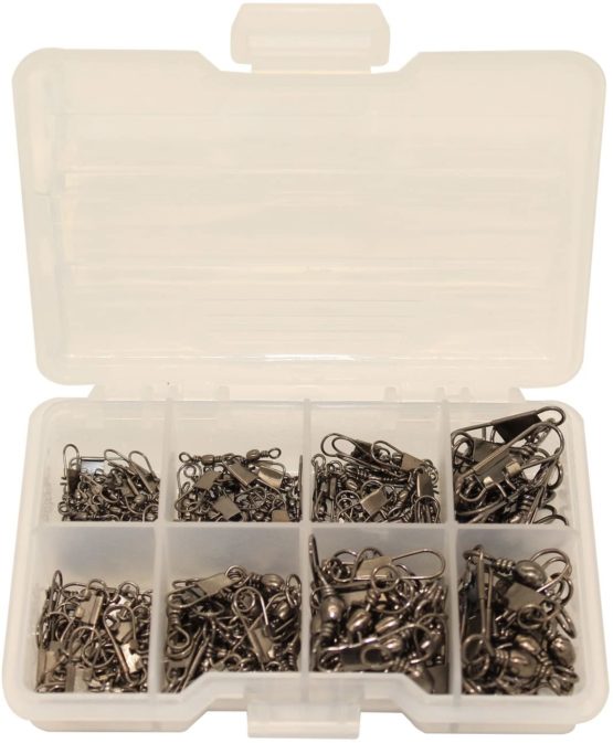 OKVGO 135pcs Barrel Fishing Swivel with Safety Snaps Connector Clips Tackle Box of Size 2 3 4 6 8 10 12 14 16 Style B