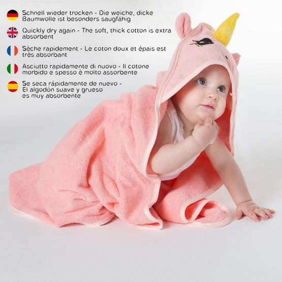 corimori 1846 - Hooded Baby Towel 100% Cotton Bath Wrap Newborn Infant With Greeting Card 75cm x 75cm, Rose The Pink Unicorn - Image 2