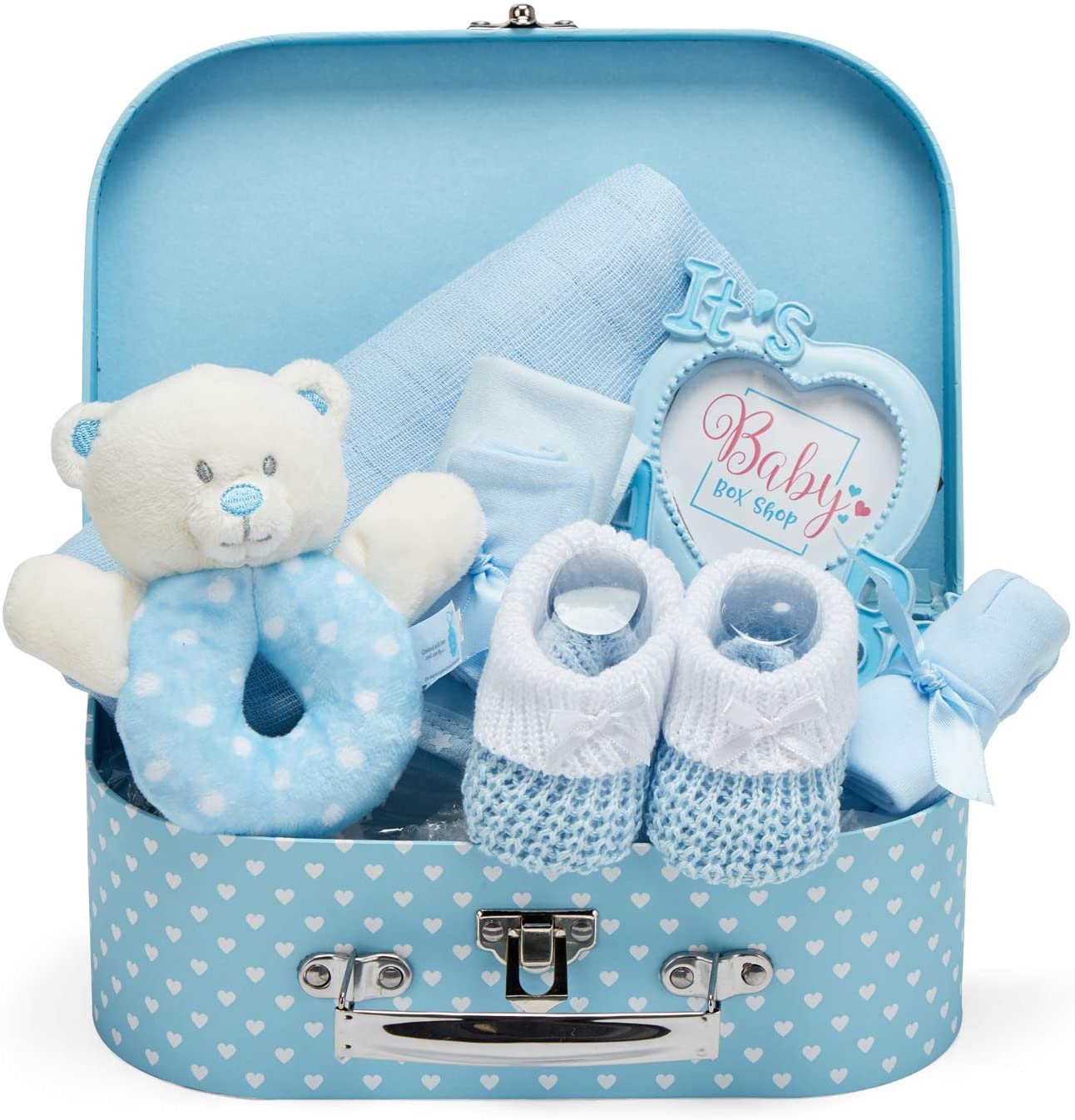 Baby Box Shop Newborn Baby Boy Gift Set Premium Gift-Ready Hamper with Rattle, Photo Frame