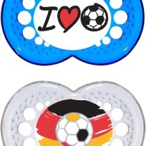 MAM Original silicone dummy "Football" collection in set of 2, tooth-friendly dummy, baby dummy made of special MAM SkinSoft silicone with dummy box, 16+ months, blue