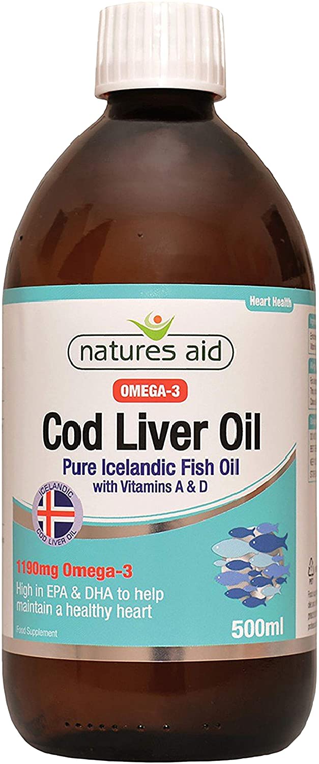 Natures Aid Cod Liver Oil Liquid 500ml, High Strength Omega-3 Fish Oil with Vitamins A & D
