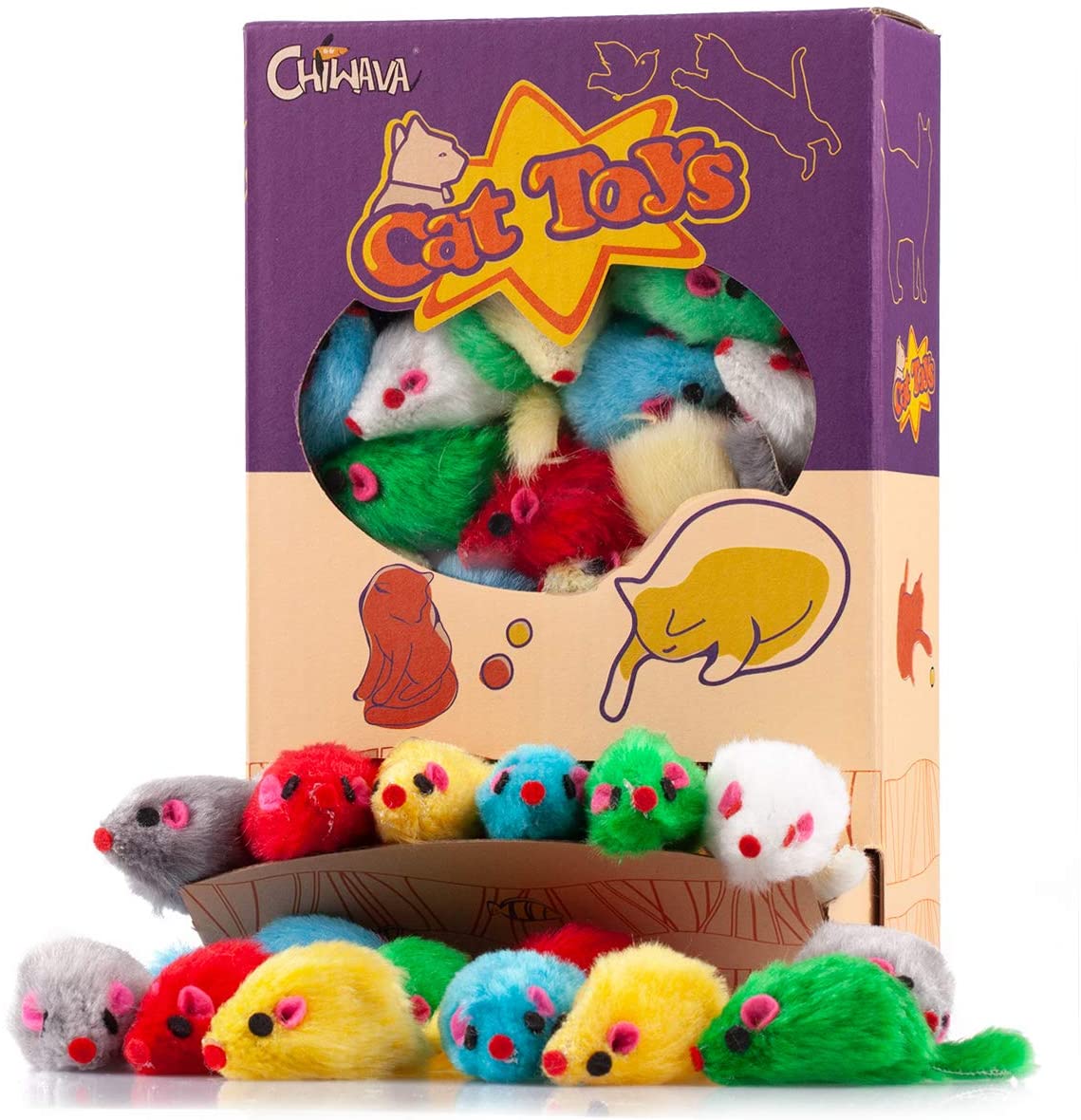 CHIWAVA 36PCS 4.1'' Furry Cat Toy Mice Rattle Small Mouse Kitten Interactive Play Assorted Color, Assorted Color 36PCS