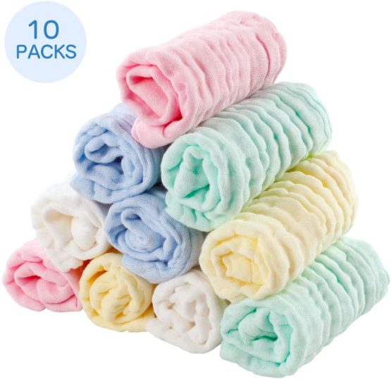EXTSUD Baby Muslin Washcloths 10 Pack, 10x 10 Inches Natural Muslin Cotton Baby Wipes, Soft Organic 100% Cotton Extra Soft Baby Wash Cloth Newborn Baby Face Towel and Muslin Washcloth