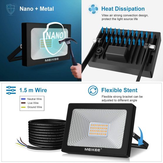 MEIKEE 30W Led Floodlight IP66 Waterproof Outdoor Landscape Floodlight Security Light Warm White - Image 4