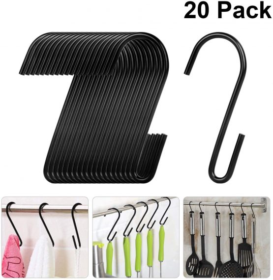 VIPITH 20 Pack 3.7 Inch S Hooks Black Rustproof Heavy-Duty Stainless Steel S Shaped Hooks Hangers for Hanging Pans Pots Plants Bags Towels Mugs in Kitchen Bedroom Bathroom Office
