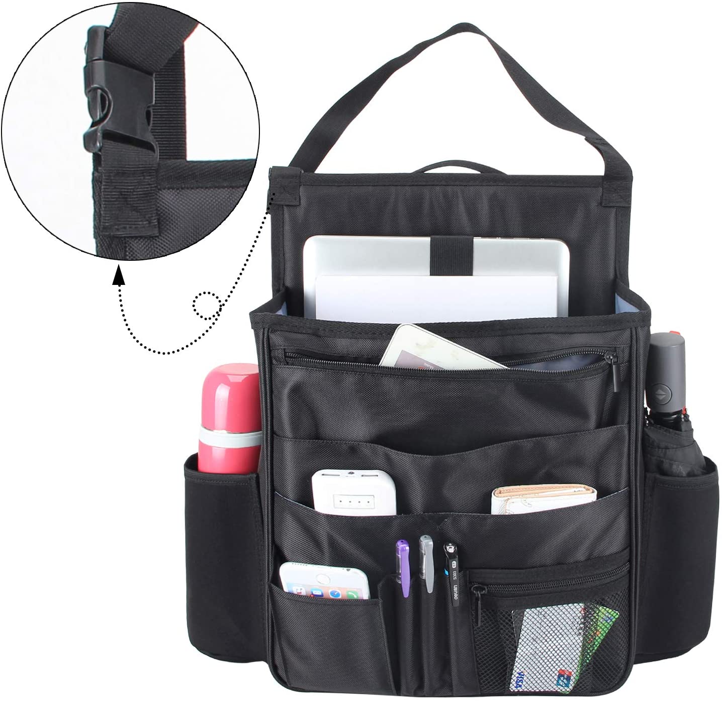 Luxja Car Seat Storage Organiser, Car Seat Organiser Front, Car Seat Back Storage Bag with Laptop & Tablet Storage, Black - Image 4