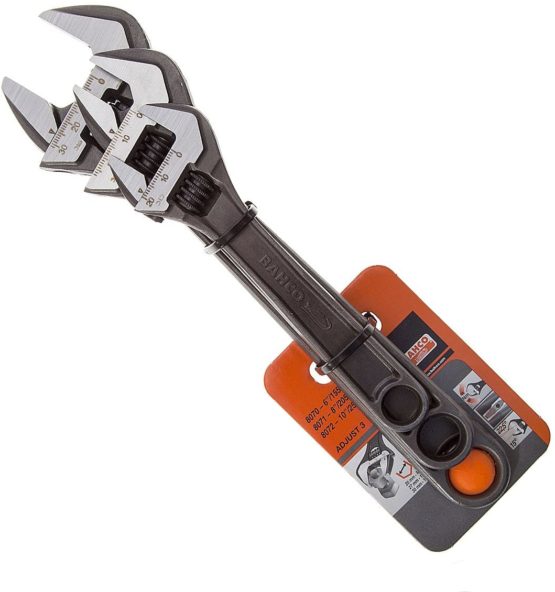 Bahco BHADJUST 3 ADJ3 Set of 3 Adjustable Wrenches (8070/8071 / 8072), Grey, 16 degree head angle