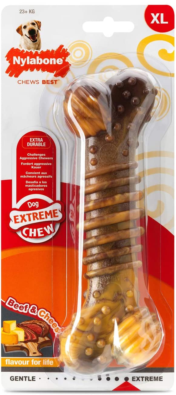 Nylabone Extreme Tough Dog Chew Toy Bone, Durable, Cleans Teeth, Beef & Cheese, X-Large, for Dogs Over 23 kg