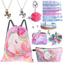 Standie 15PCS Drawstring Backpack for Unicorn Gift for Girls Include Makeup Bag Bracelet Necklace Set Hair Ties for Unicorn Party Favors (Pink)