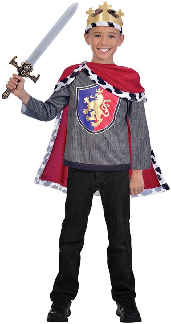 amscan 9903359 Medieval King Costume with Matching Crown Cape-Age 5-7 Years-1 PC, Grey, Red