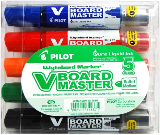 Pilot Begreen Recycled V Board Master Whiteboard Marker Bullet 6.0 mm Tip - Black/Red/Blue/Green/Orange, Wallet of 5