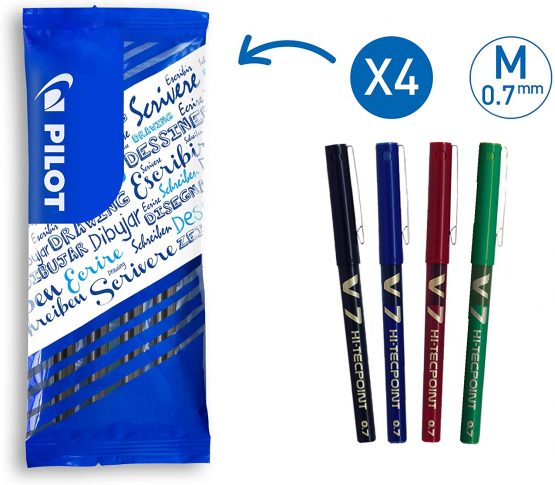 Pilot 0.7 mm V7 Liquid Ink Rollerball Tip - Black/Blue/Red/Green (Pack of 4)