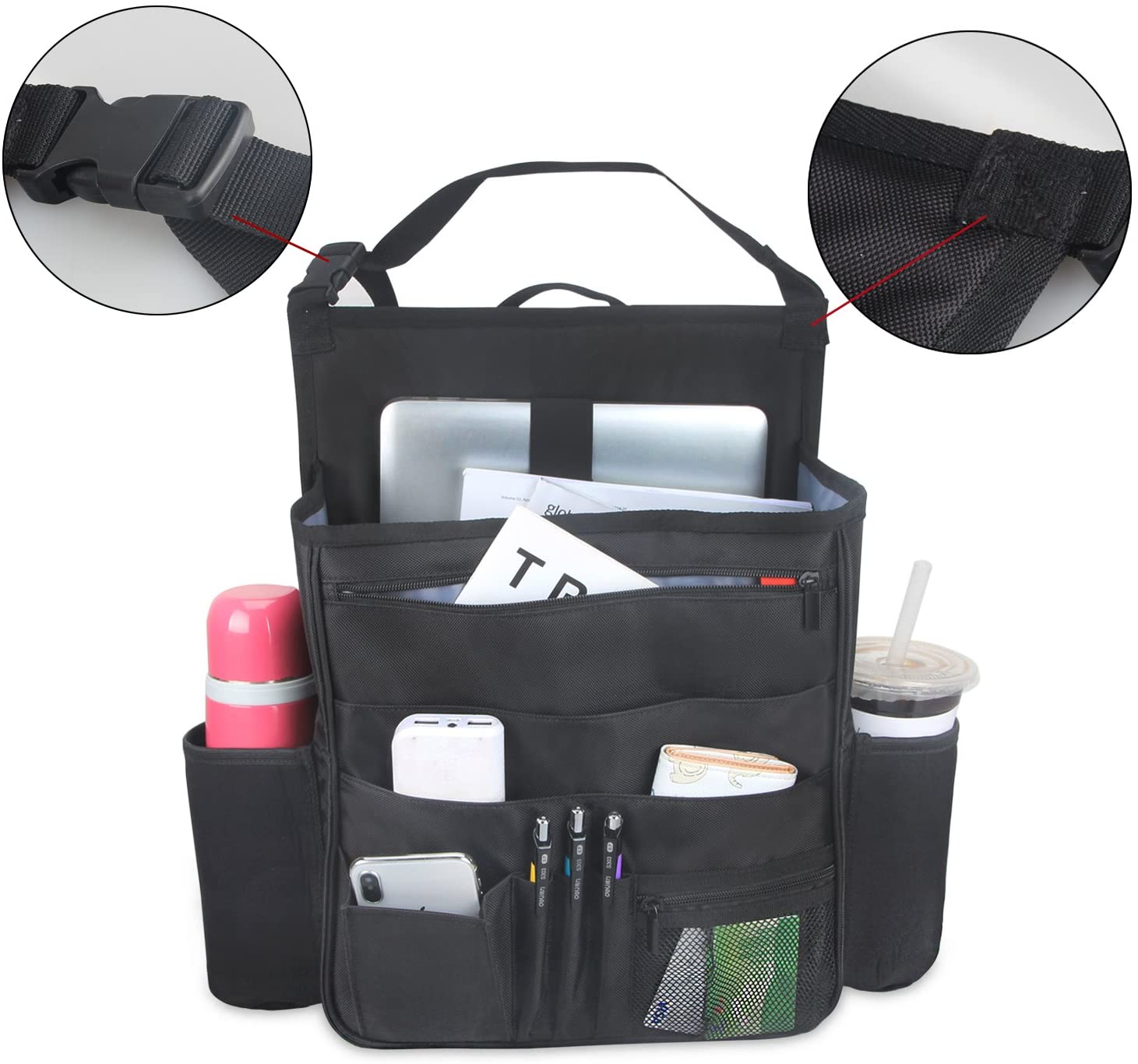 Luxja Car Seat Storage Organiser, Car Seat Organiser Front, Car Seat Back Storage Bag with Laptop & Tablet Storage, Black
