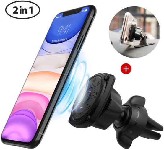 Ringke Power Clip Air Vent Magnetic Car Phone Holder Mount - Double Knob Technology 360 Rotation Air Vent and Dashboard Stand [2 in 1] Compatible with iPhone, Android, Galaxy, LG, Tablets