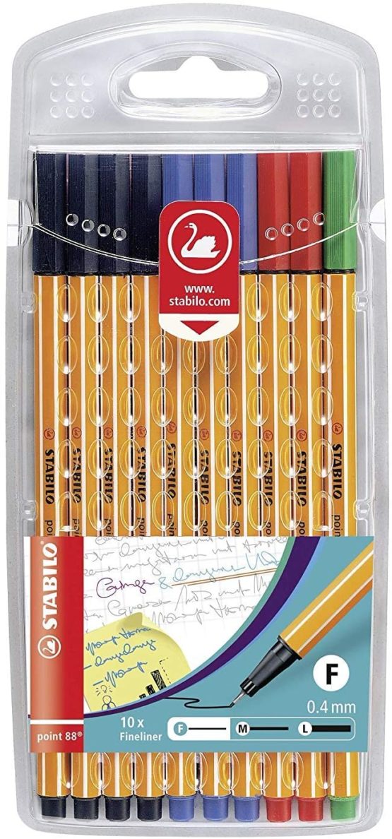 Fineliner - STABILO point 88 Wallet of 10 Assorted Office Colours Black/Blue/Red/Green