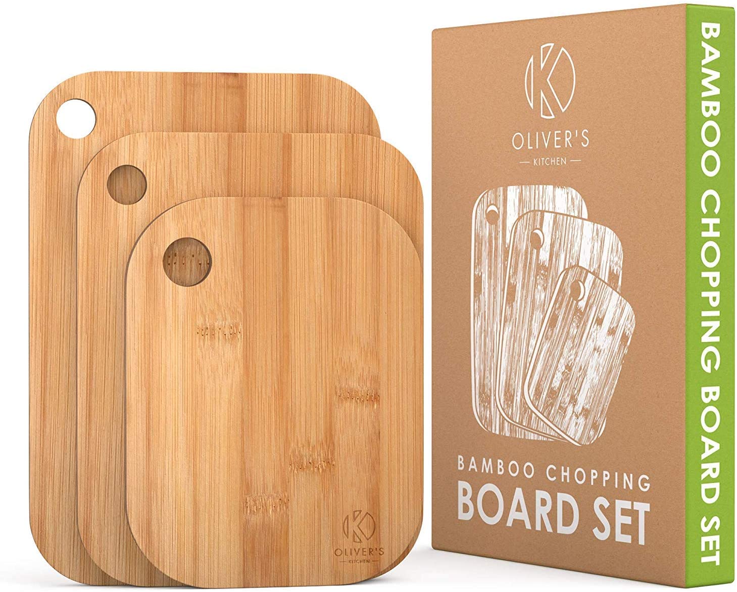 Oliver's Kitchen ® 3 x Set of Wooden Chopping Boards, Different Sizes for Every Occasion, Beautifully Designed