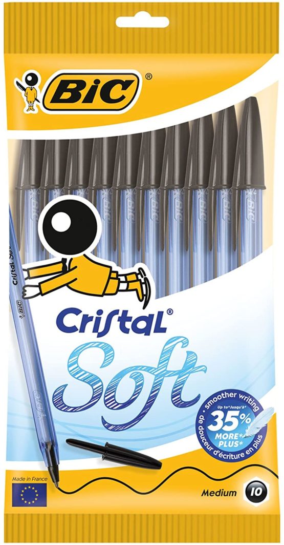 BIC Cristal Soft Ball Pens - Pack of 10 - Black Colour - Medium Point (1.2 mm) - Smooth Writing and Long-Lasting Ink