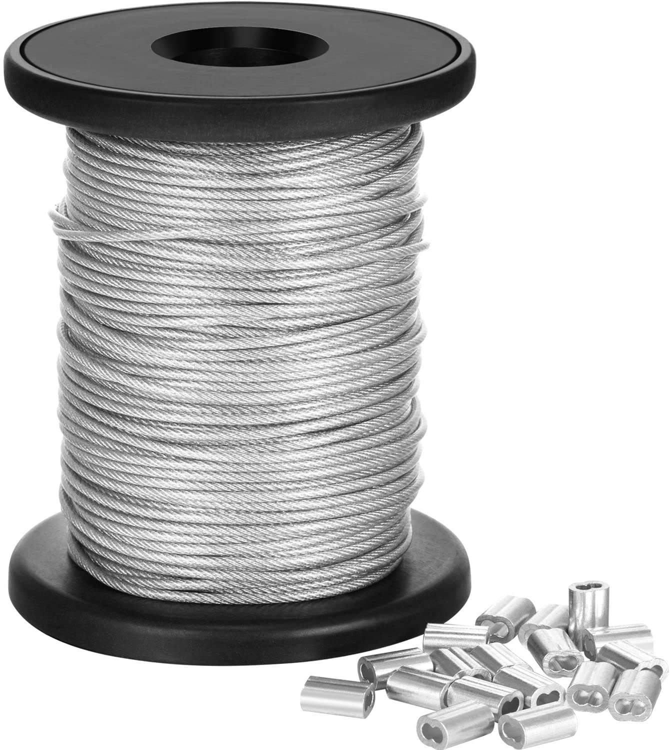 Vinyl Coated Picture Frame Hanging Wire, Stainless Steel Wire Spool with 20 Pieces Aluminum Crimping Loop Sleeve