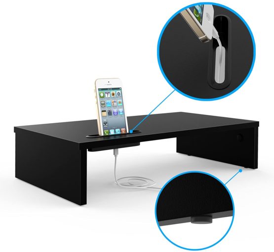 BONTEC Wood Monitor Stand Riser, Desk Monitor Stand with Smartphone Holder, Ergonomic Laptop Printer Stand with Cable Management for Computer, Notebook, iMac, PC, 1 Tier Black (W420 x D235 x H104mm) - Image 3