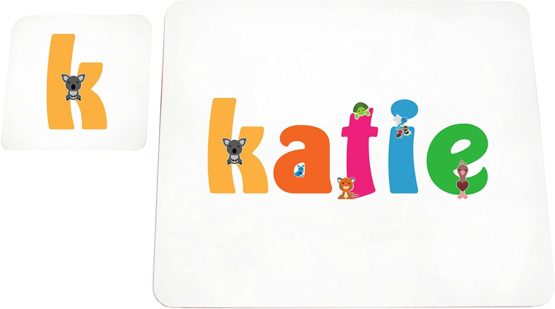 Feel Good Art High Gloss Placemat and Coaster for Babies and Toddlers Cute Illustrations and Personalised with Girl's Name (Lhv-Katie)