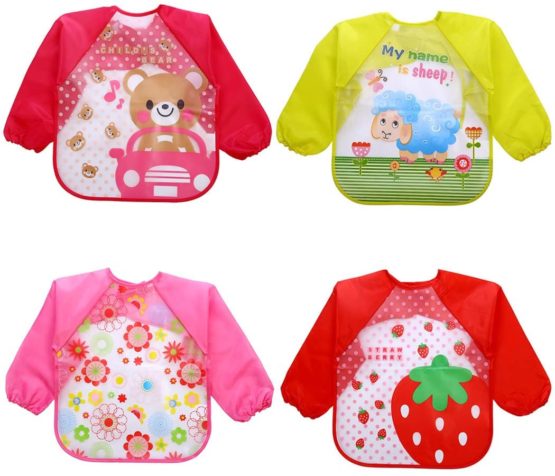 Fascigirl Baby Bibs with Sleeves,4PCS Unisex Baby Waterproof Long Sleeve Bib Feeding Bibs Cartoon Animal Drool Bib Art Apron Smock Long Sleeved Bib for Infants Toddlers Boys Girls