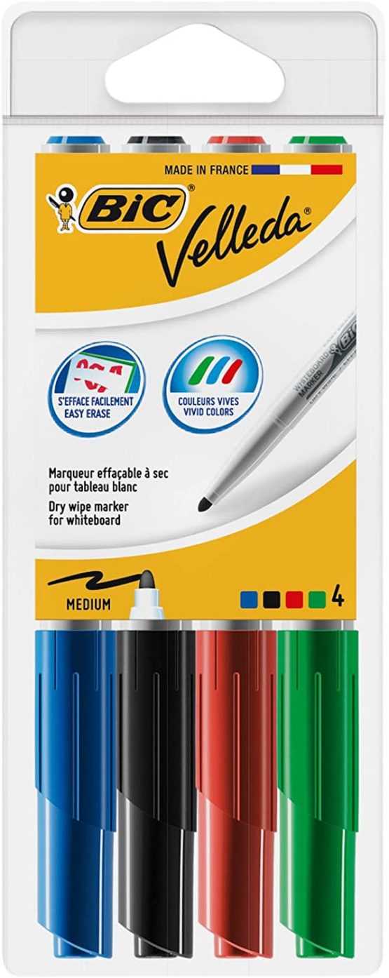 BIC Velleda 1741 Whiteboard Markers, Medium Bullet Nib Pens - Durable Plastic Wallet - Assorted Colours, Pack of 4
