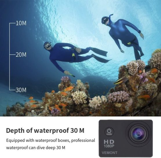 VEMONT Full HD 2.0 Inch Action Camera 1080P 12MP Sports Camera Action Cam Underwater 30m/98ft Waterproof Camera and Mounting Accessories Kit for Diving/Bicycle/Climbing/Swimming etc - Image 3