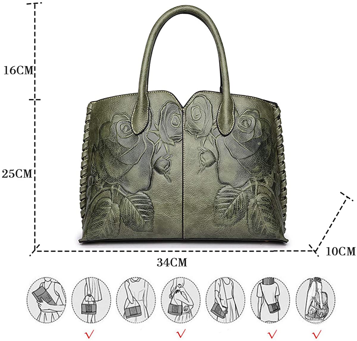 Coolives Women's Classical Flower Embossed Top Handle Bag Brownish green - Image 3