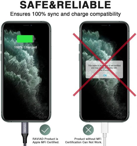 iPhone Charger Cable, RAVIAD [6ft/1.8m, MFi Certified] Lightning Cable Nylon Braided Charger Lead Fast Charging Cable for iPhone 11 Pro Max Xs X XR 8 7 6s 6 SE 5 5s 5c - Gray - Image 3