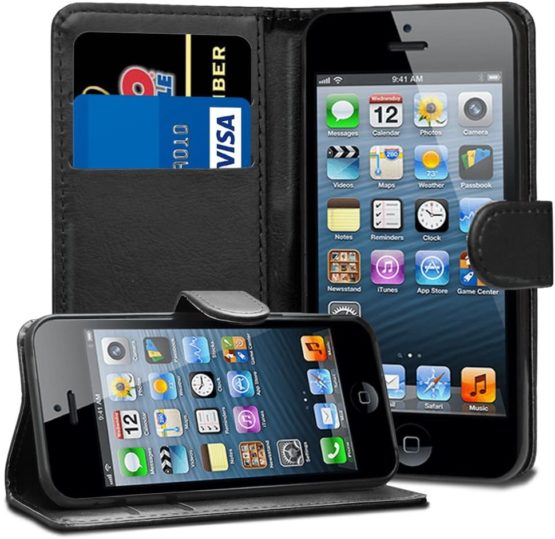 iPhone SE 5 5S Case Premium Leather Flip Wallet Case Cover Pouch For iPhone SE 5 / 5S and Screen Protector With Polishing Cloth And Stylus (Black)