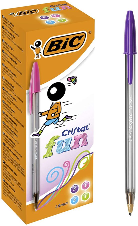 Bic Cristal Fun Ballpoint Pens, Wide Point (1.6 mm), Box of 20, Assorted Colors - Pink, Turquoise, Purple And Lime