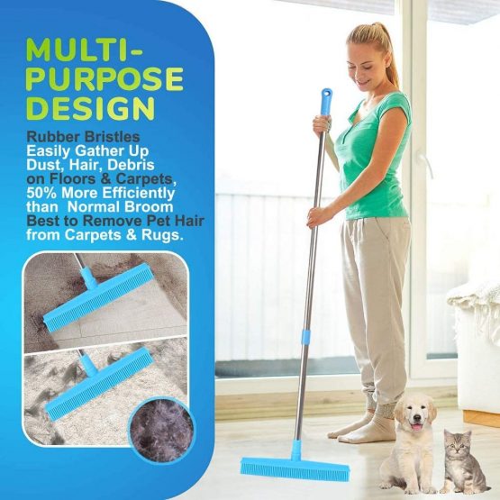 Lanhope Push Broom Rubber Bristles Sweeper Squeegee Edge with 51 inch Adjustable Long Handle Non Scratch Bristle, Indoor Outdoor Broom for Pet Cat Dog Hair Carpet Hardwood Tile Windows Cleaning (Blue) - Image 3