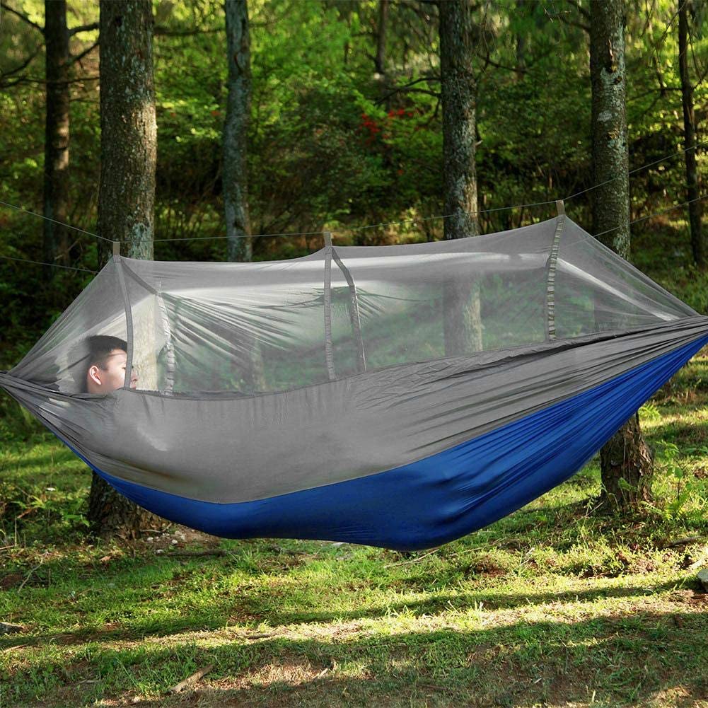 Portable Camping Travel Hammock Hanging Bed with Mosquito Net for Outdoor Hiking Backpacking Travel(Gray + Blue) - Image 3