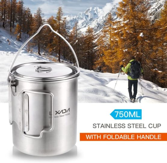 Lixada Camping Water Cup with Foldable Handles and Lid 750ml Stainless Steel Mug Hanging Pot for Camping Hiking Backpacking Picnic - Image 2