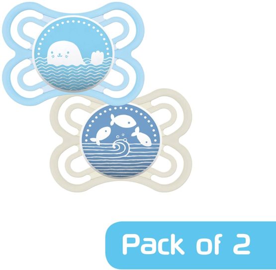 MAM Perfect Soothers 0+ Months (Pack of 2), Thinner and Softer Baby Soothers with Self Sterilising Travel Case, Newborn Essentials, Blue (Designs May Vary) - Image 2