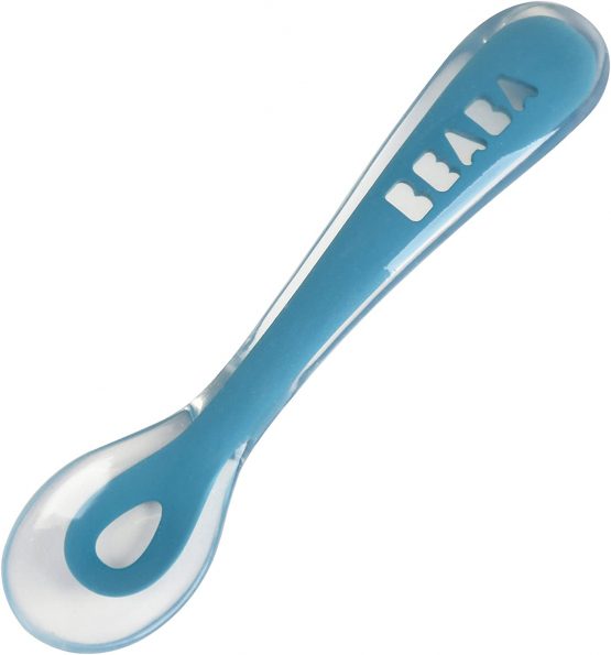 BÉABA - Silicone Spoon for Baby and Children - Stage 2 - Soft - Rounded tip - Ergonomic Handle - Blue