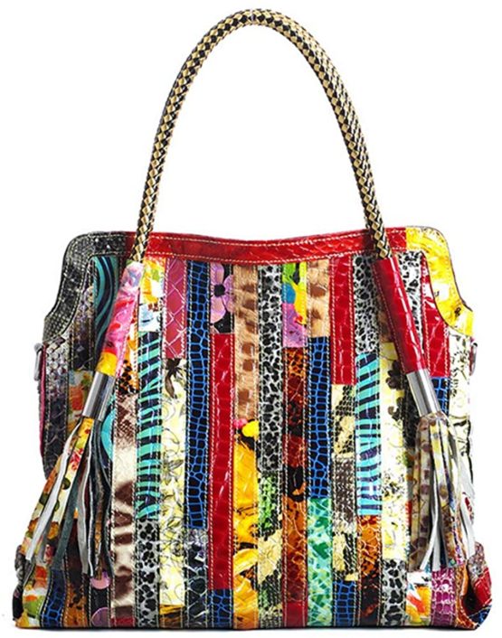 Women’s Multicolor Boston Bag Genuine Leather Colorful Large Tote Handbag Purse