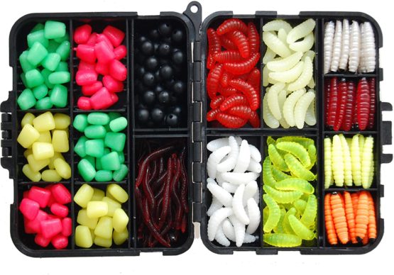 JSHANMEI 220PCS/Box Carp Fishing Tackle Box Artificial Plastic Fake Baits Sweetcorn/Beads/Worm Lures Imitation Baits Carp Fishing Gear Kit