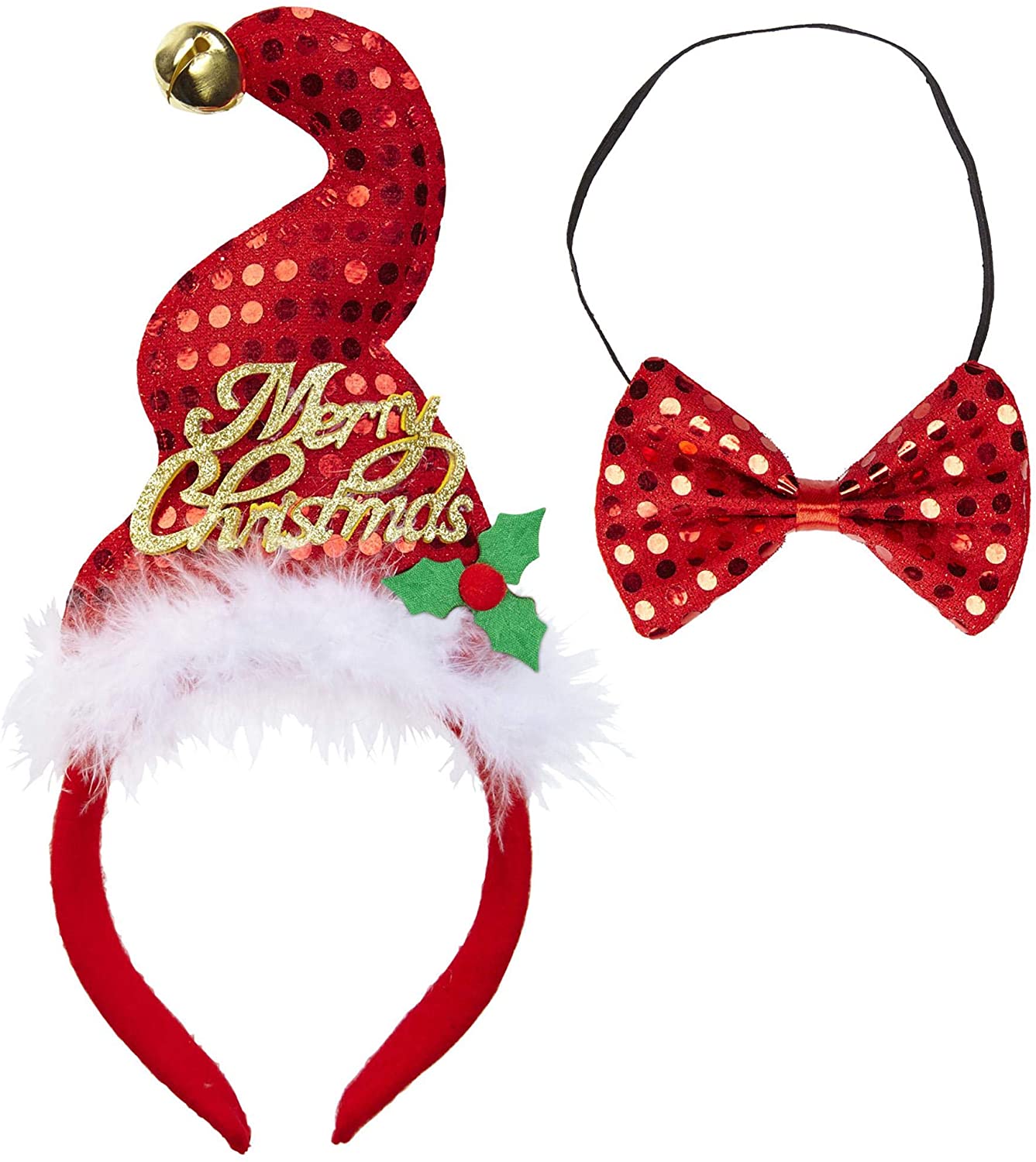 Widmann 04161 - Mini Santa Claus Hat With 2 Bells And Bow Tie In Sequins, Adult Unisex, Party, Theme Parties