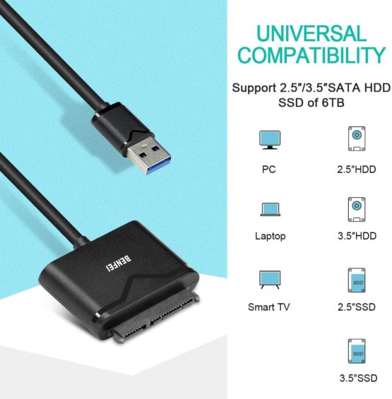 USB 3.0 to SATA Adapter for 2.5"/3.5" HDD/SSD, BENFEI USB 3.0 to SATA III Hard Drive Disk Adapter with 12V/2A Power Adapter - Image 3