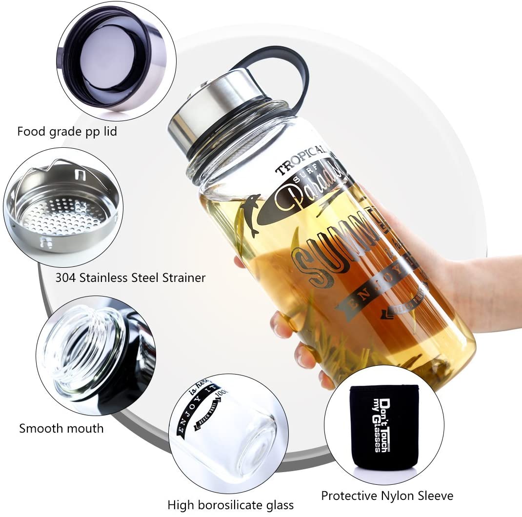 ZDZDZ Sports Glass Water Bottle with Nylon Case & Stainless Steel