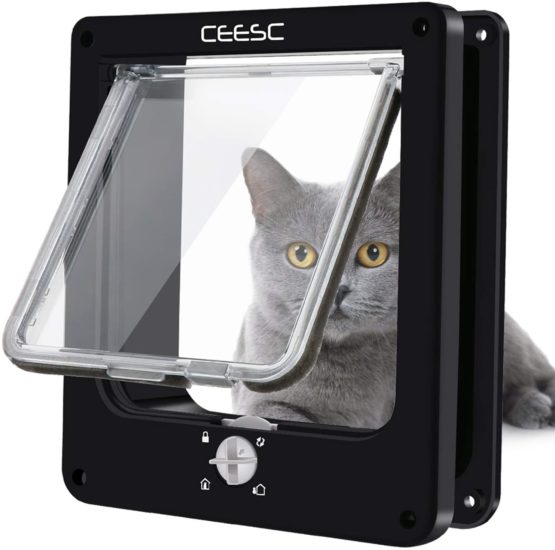 CEESC Cat Doors, Magnetic Pet Door with Rotary 4 Way Lock for Cats, Kitties and Kittens (Medium, Black)
