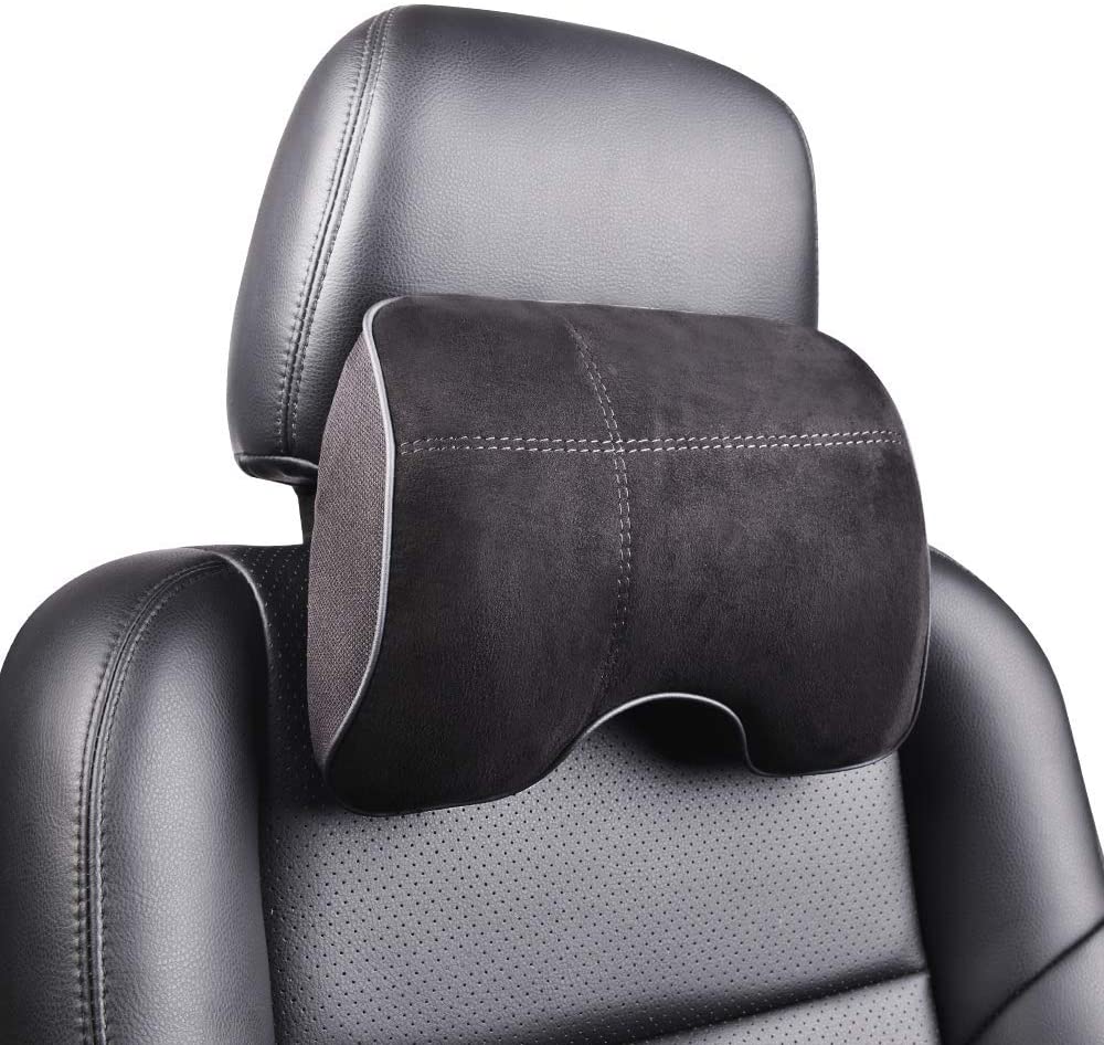 EASY EAGLE Car Neck Pillow in Suede Fabric and Memory Foam, Headrest Cushion with Detachable Seat Belt for Car Seat Black, 1 Piece