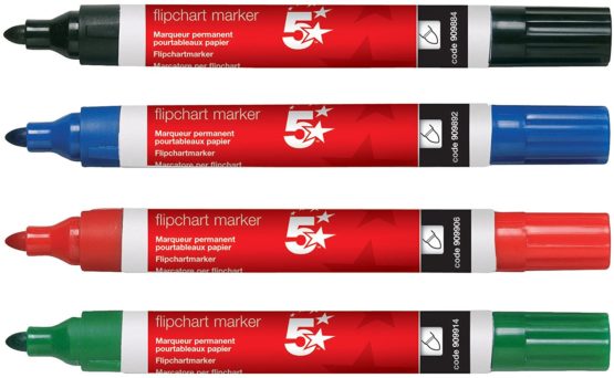 5 Star Flipchart Marker Pen Water-based Line Width 2 mm Assorted [Pack of 4]