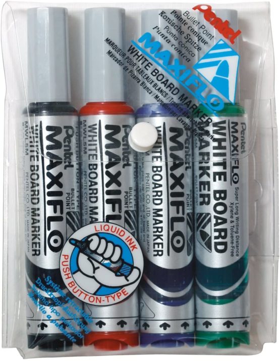 Pentel 6.0mm Bullet Tip Wallet 4 Maxiflo White Board Marker Liquid Ink Marker - Black/Red/Blue/Green