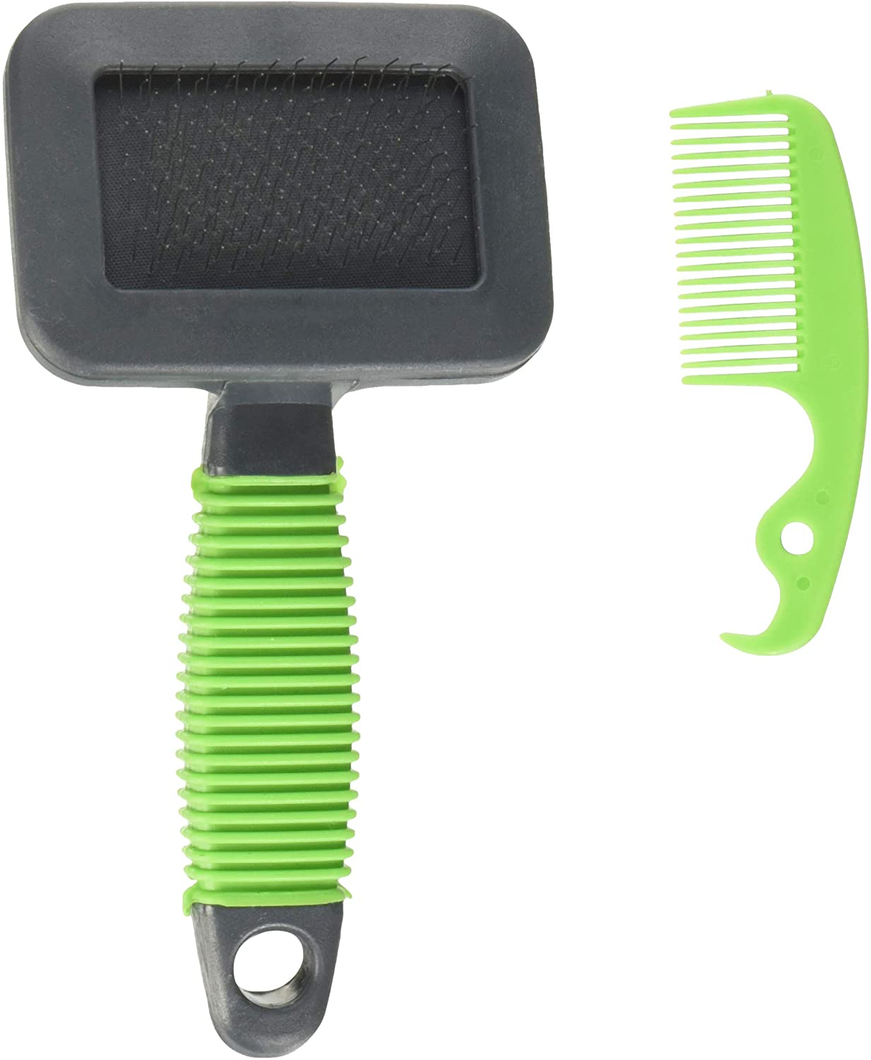 TRIXIE soft brush for grooming top coat & undercoat, soft metal bristles, with brush cleaner, rubberised handle, black/green