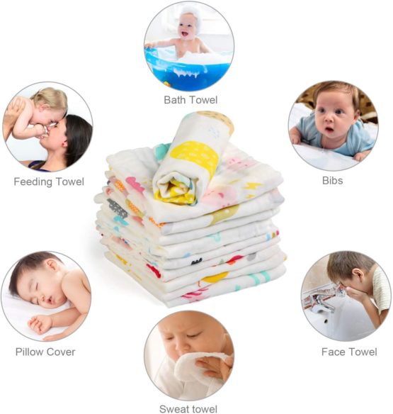 BelleStyle 10Pcs Muslin Washcloths Cotton Natural Baby Towels with Printed Design Soft Newborn Baby Towel for Sensitive Skin Baby - Image 2