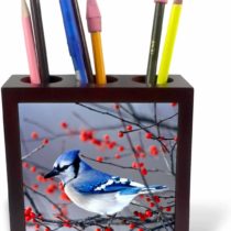 3dRose Blue Jay in Winterberry Bush in Winter, Marion County, Illinois - Tile Pen Holder, 5-Inch (Ph_259293_1)
